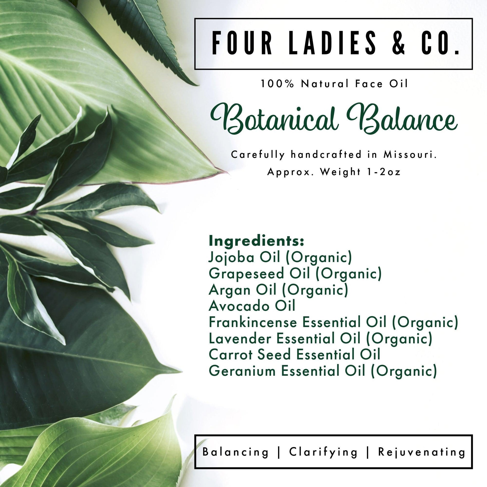 Botanical Balance Face Oil Natural Ingredients List Four Ladies & Co Balancing Clarifying Rejuvenating