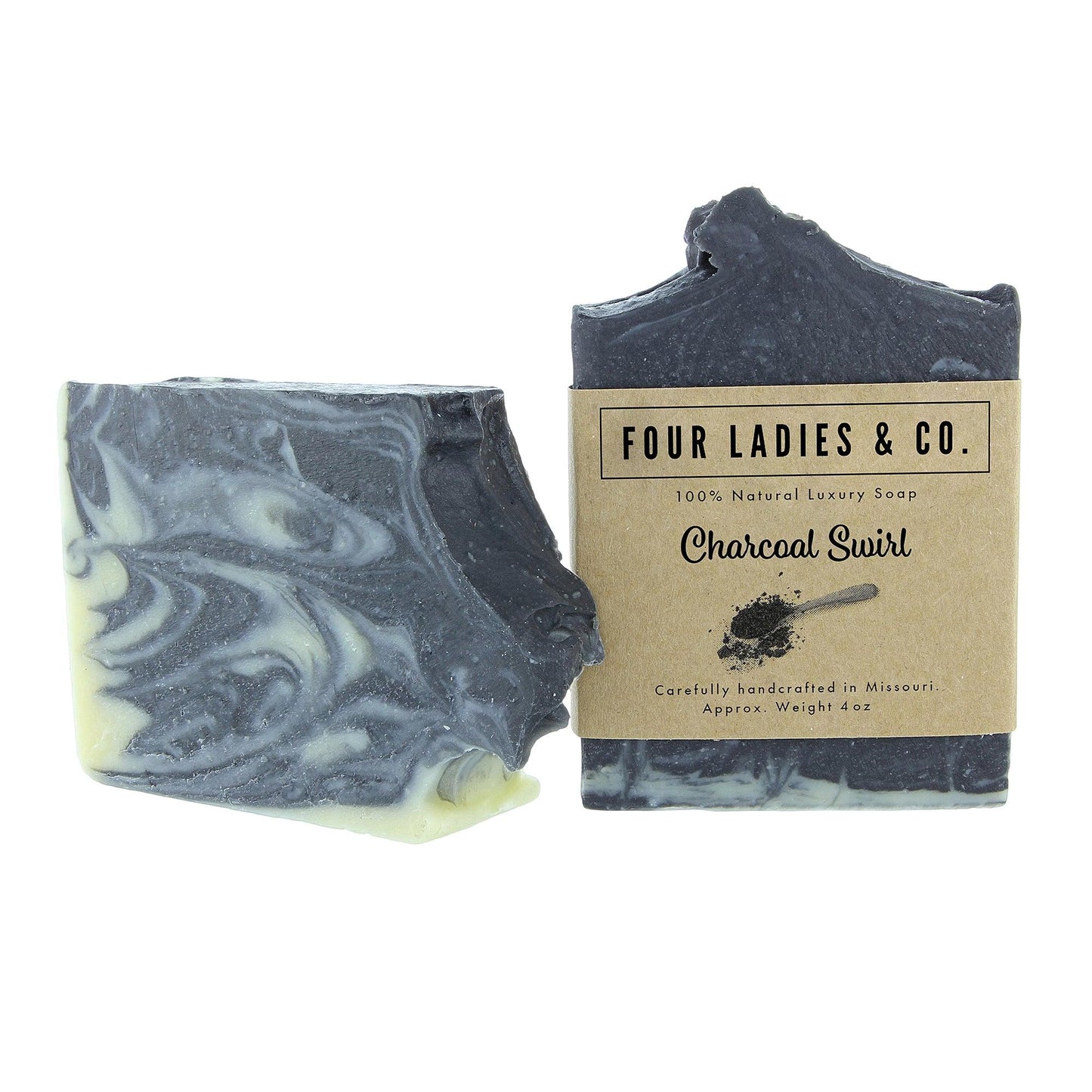 Charcoal Swirl Bar Soap Natural Ingredients Four Ladies & Co Made with Distilled Water