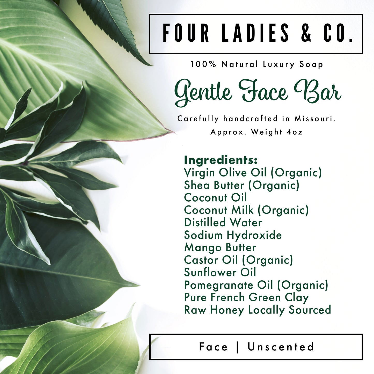 Gentle Face Bar Soap Natural Ingredients List Four Ladies & Co Made with Coconut Milk