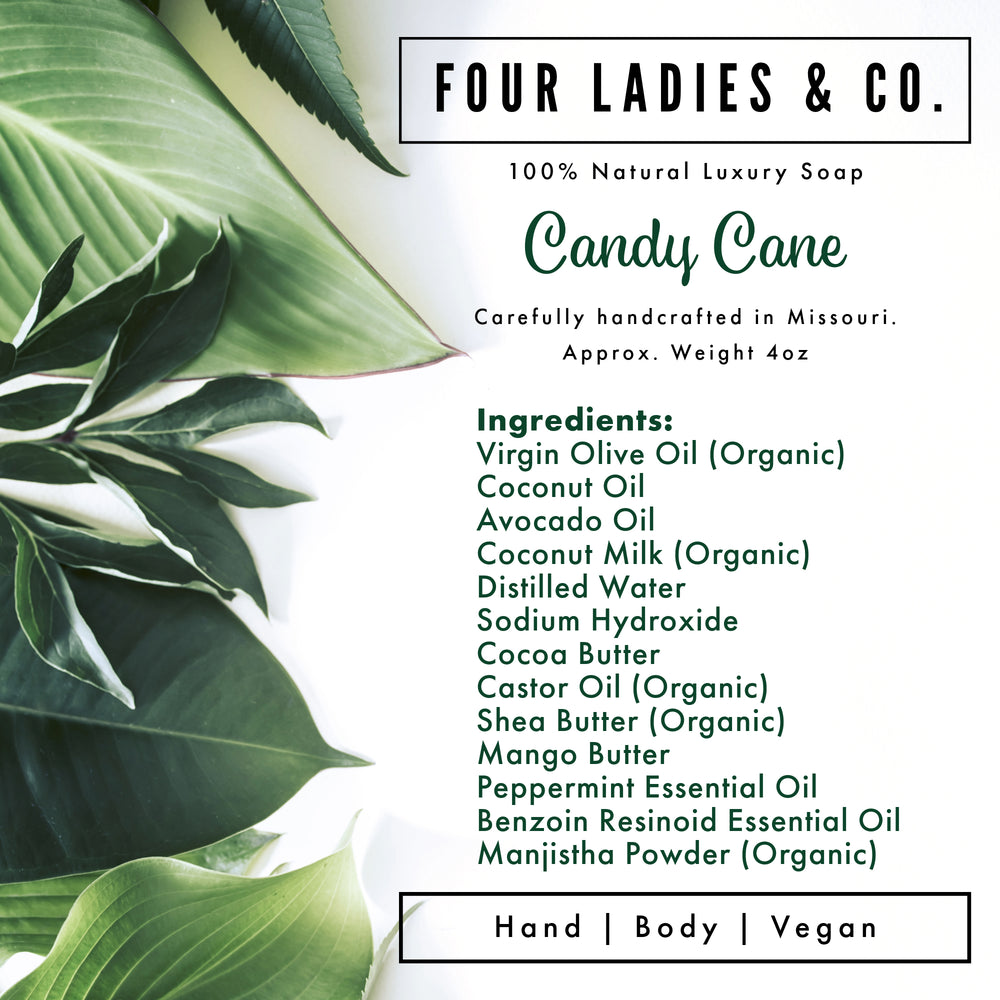 Candy Cane Bar Soap Natural Ingredients List Four Ladies & Co Made with Coconut Milk