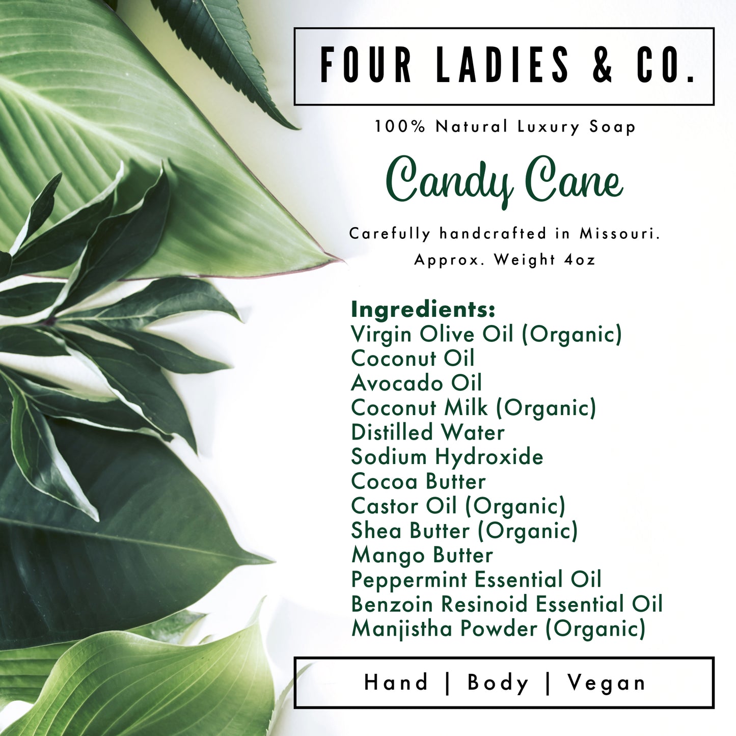 Candy Cane Bar Soap Natural Ingredients List Four Ladies & Co Made with Coconut Milk