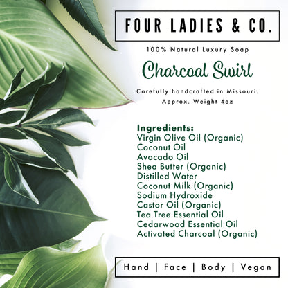 Charcoal Swirl Bar Soap Natural Ingredients List Four Ladies & Co Made with Distilled Water