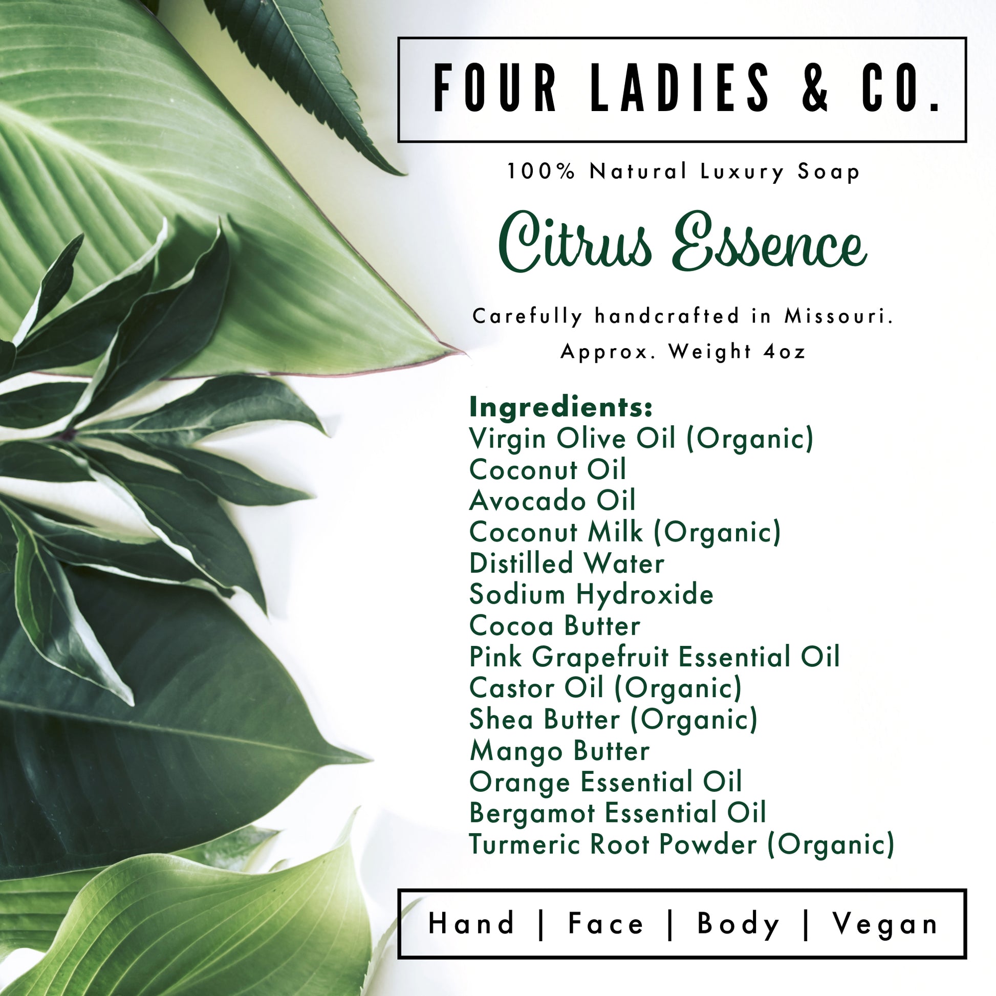 Citrus Essence Bar Soap Natural Ingredients List Four Ladies & Co Made with Coconut Milk