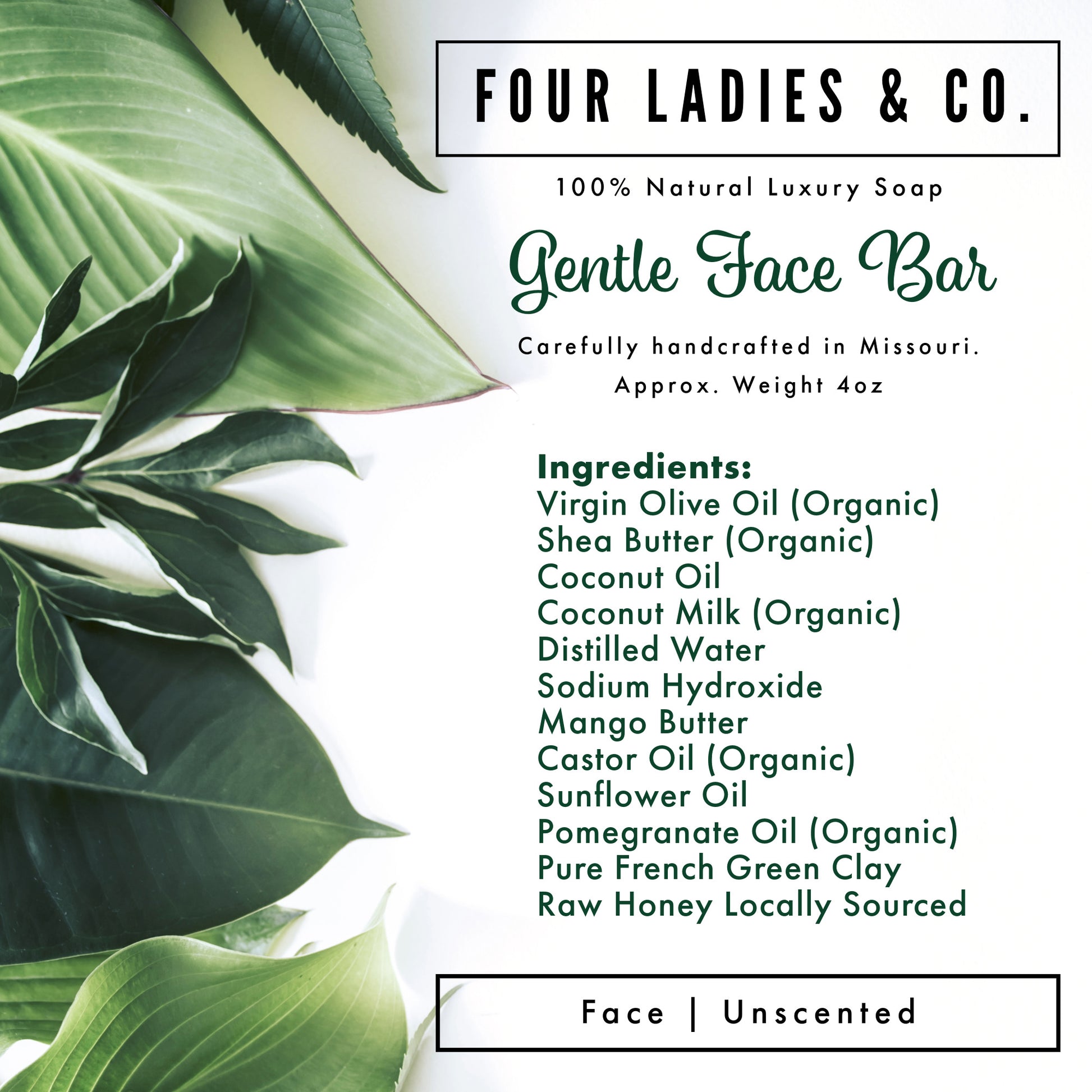 Gentle Face Bar Soap Natural Ingredients List Four Ladies & Co Made with Coconut Milk