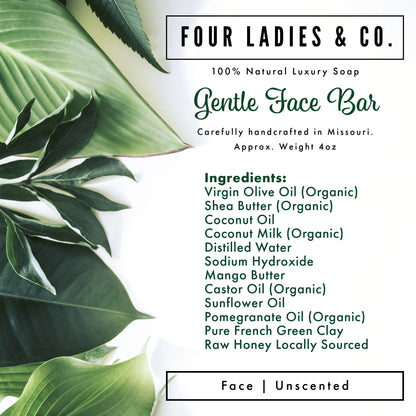 Gentle Face Bar Soap Natural Ingredients List Four Ladies & Co Made with Coconut Milk
