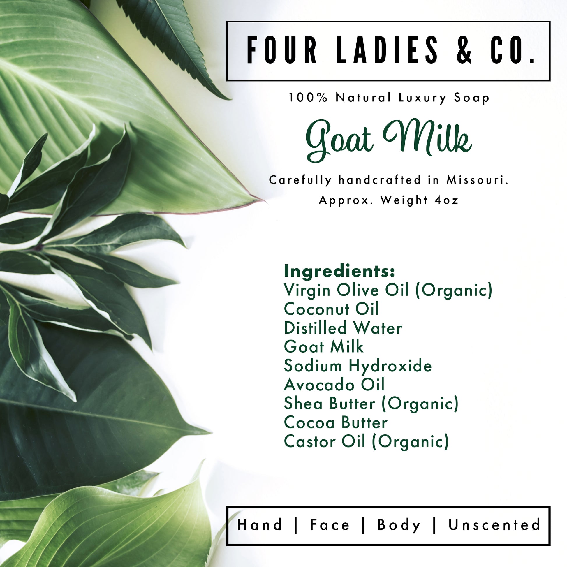 Goat Milk Bar Soap Natural Ingredients List Four Ladies & Co Made with Goat Milk Unscented