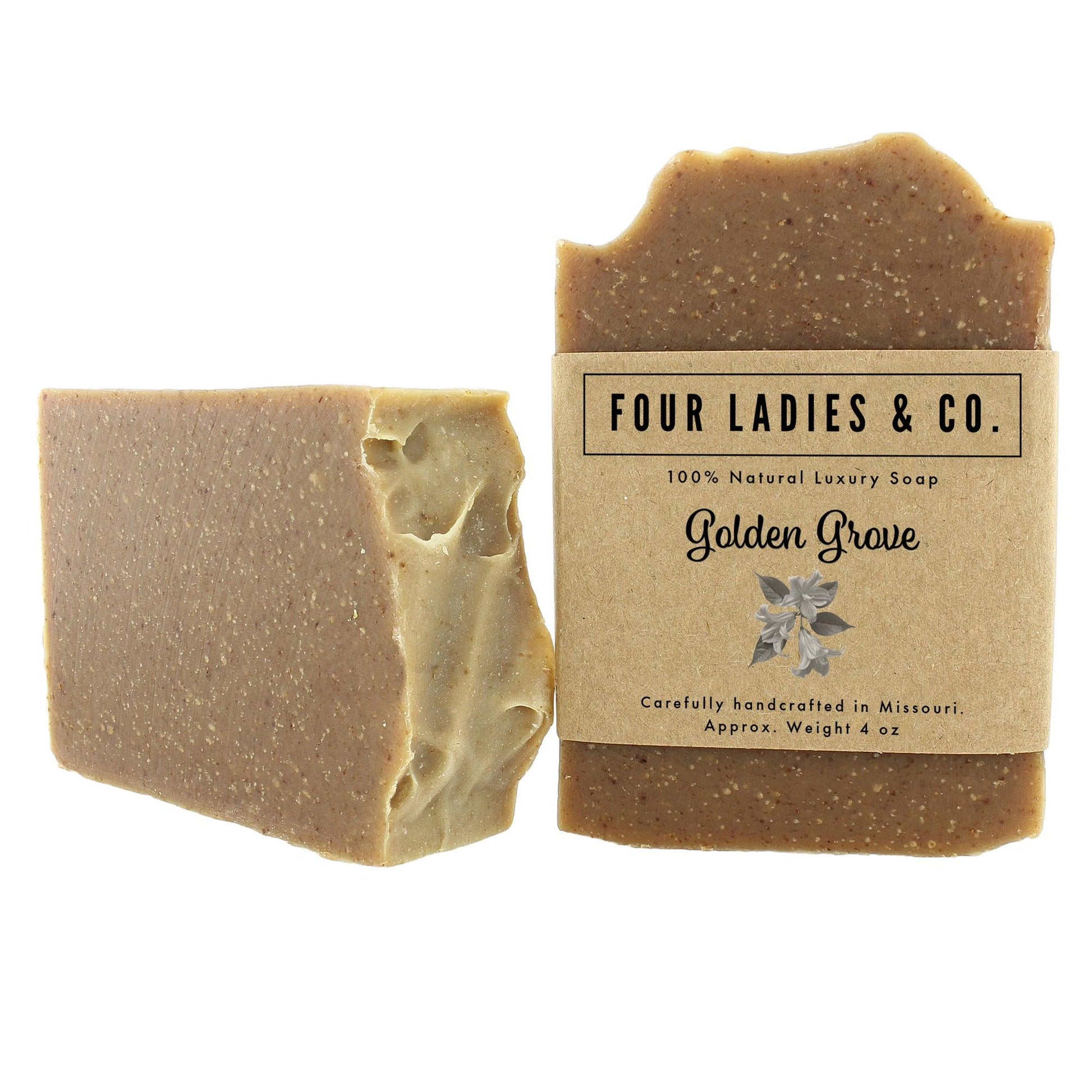 Golden Grove Bar Soap Natural Ingredients Four Ladies & Co Made with Goat Milk Labeled