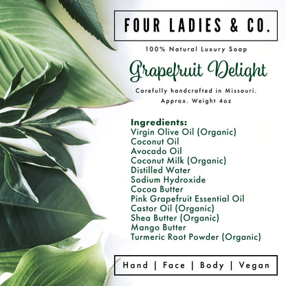 Grapefruit Delight Bar Soap Natural Ingredients List Four Ladies & Co Made with Coconut Milk