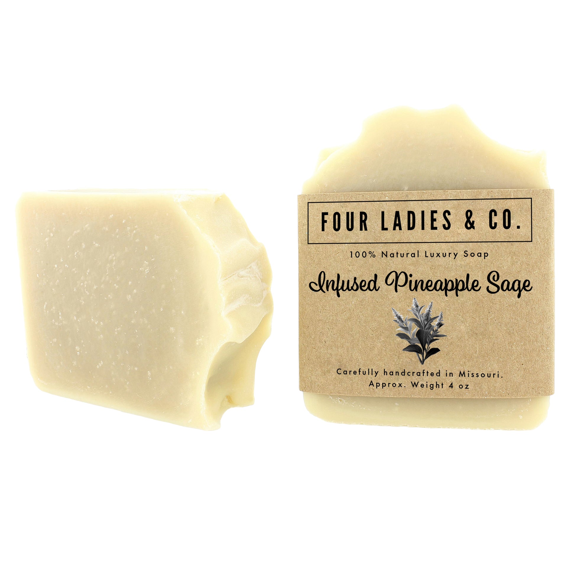 Infused Pineapple Sage Bar Soap Natural Ingredients Four Ladies & Co Made with Aloe Vera Labeled