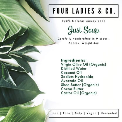 Just Soap Bar Soap Natural Ingredients List Four Ladies & Co Made with Distilled Water Unscented