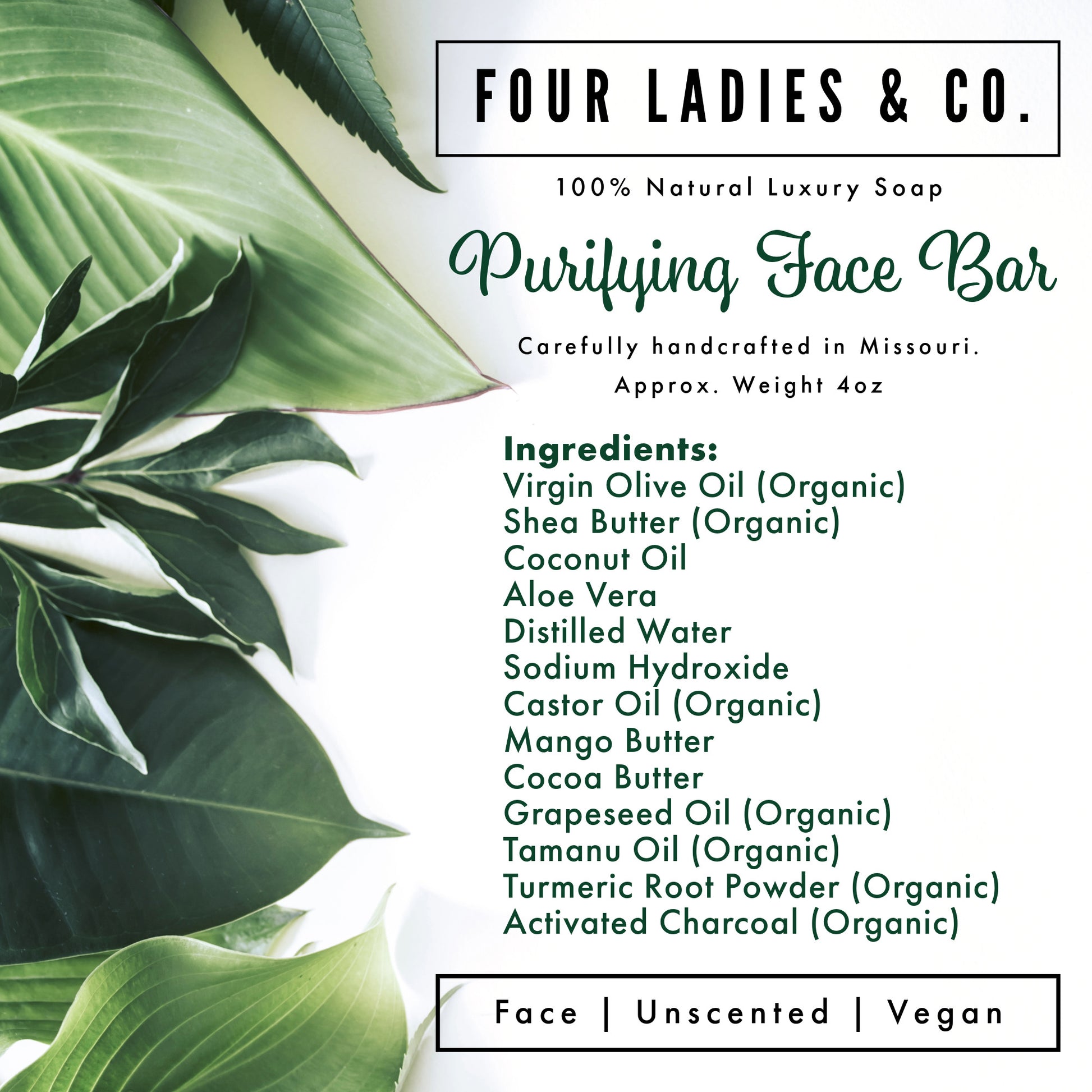 Purifying Face Bar Soap Natural Ingredients List Four Ladies & Co Made with Aloe Vera