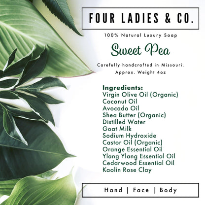 Sweet Pea Bar Soap Natural Ingredients List Four Ladies & Co Made with Goat Milk
